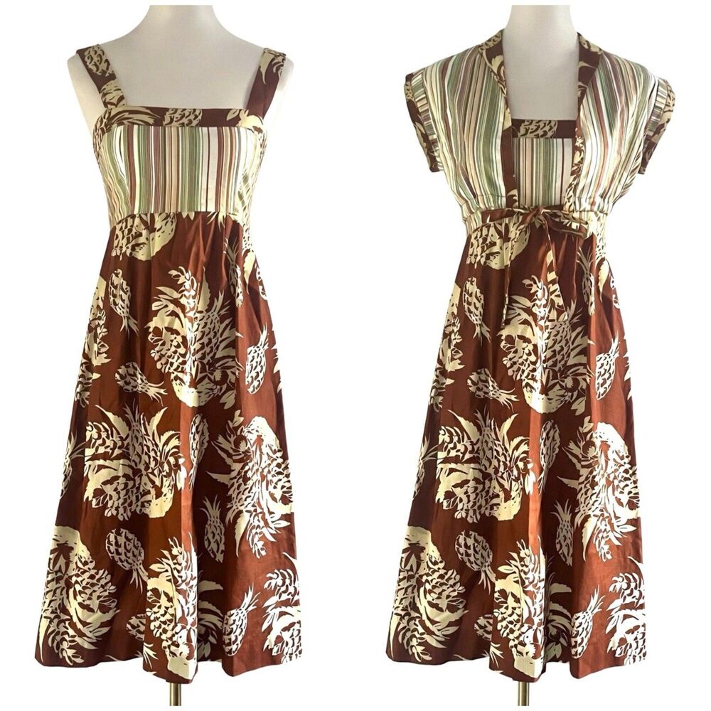 Vintage Jonathan Logan Brown Green Mixed Pattern A-Line Midi Dress Set Womens S